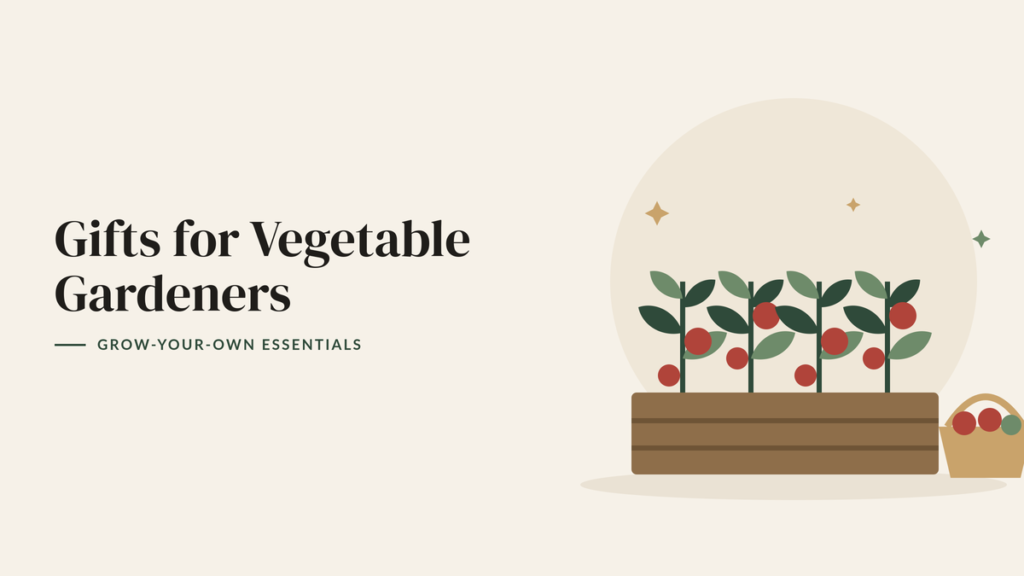 Illustration of tomato plants growing in a wooden raised bed and a harvest basket for a vegetable gardening gift guide