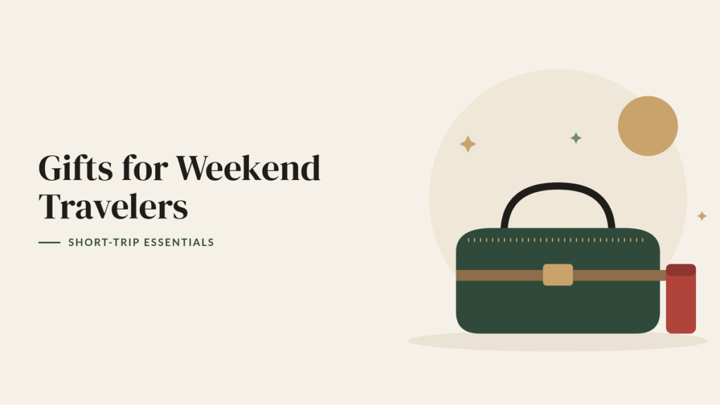 Illustration of a green duffle bag, a red travel mug and a golden sun for a weekend travel gift guide