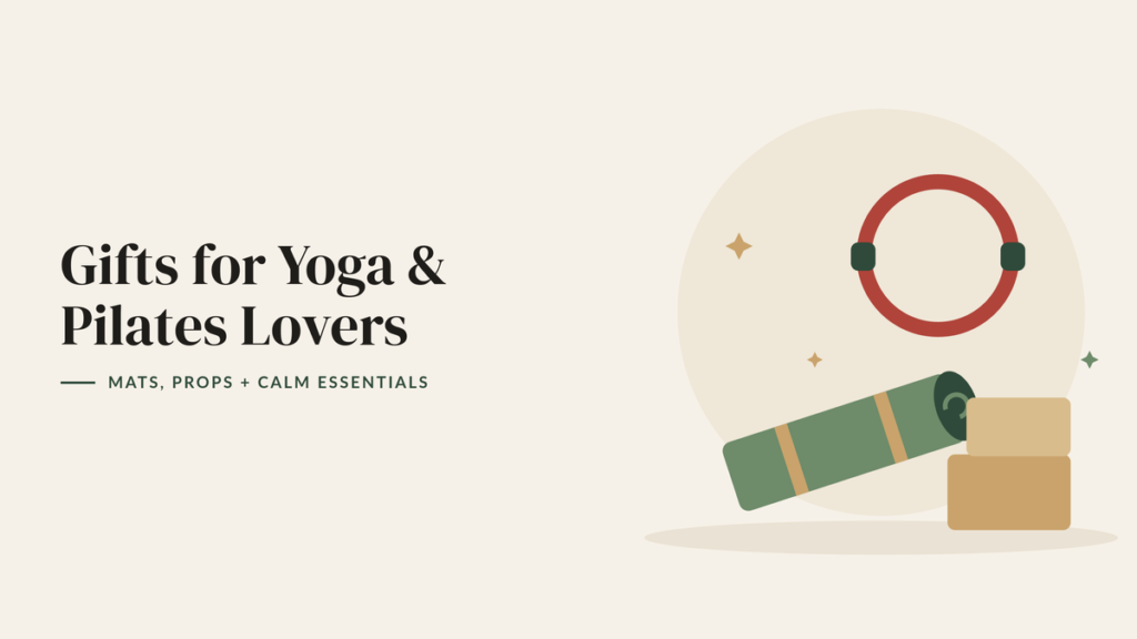 Illustration of a rolled green yoga mat, cork blocks and a red Pilates ring for a yoga and Pilates gift guide