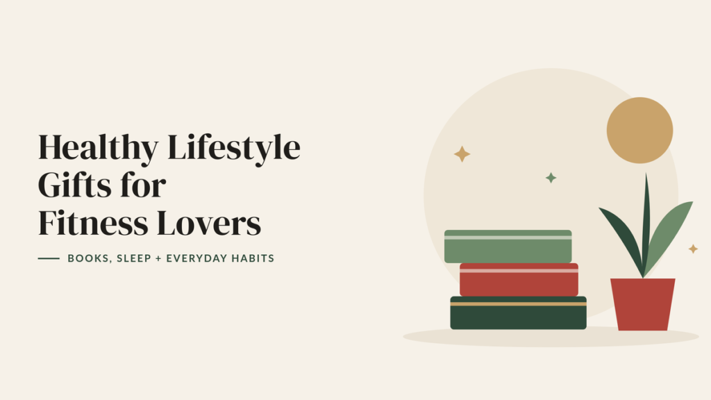 Illustration of a stack of books, a potted plant and a golden sun for a healthy lifestyle gift guide
