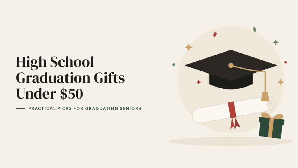 Illustration of a graduation cap, rolled diploma with a red ribbon and a small gift box for a high school graduation gift guide