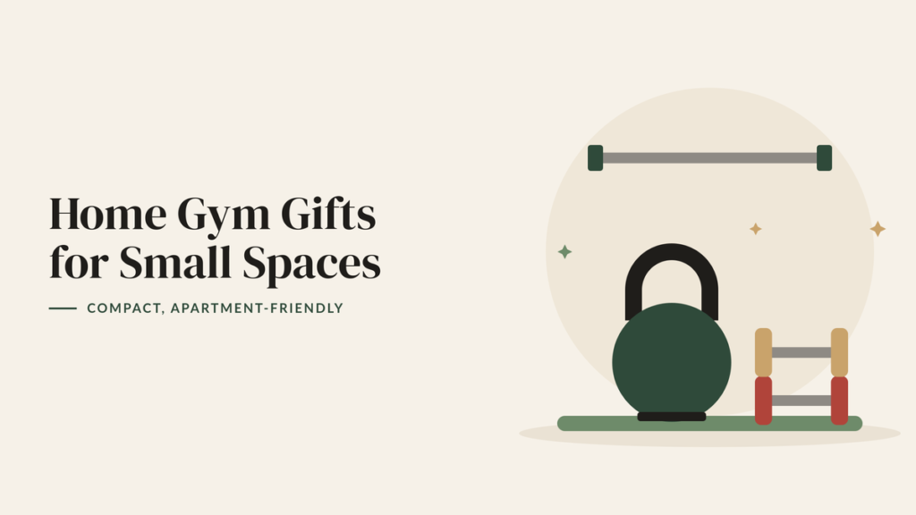 Illustration of a kettlebell, two dumbbells, a barbell and an exercise mat for a home gym gift guide