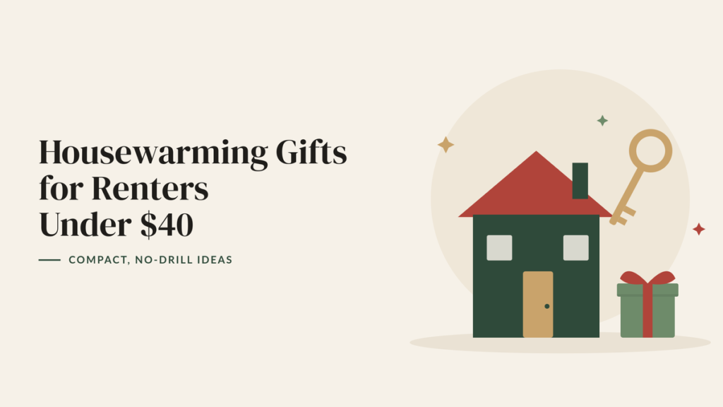 Illustration of a small green house, a gold key and a gift box for a housewarming gifts for renters guide