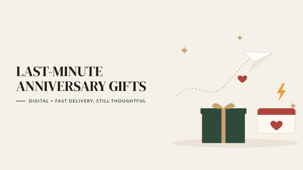 Illustration of a paper plane on a dotted path, a wrapped gift, a card with a heart and a lightning bolt, beside the headline Last-Minute Anniversary Gifts