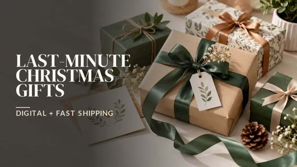 Wrapped Christmas gift boxes with green ribbons beside the headline Last-Minute Christmas Gifts: Digital + Fast Shipping