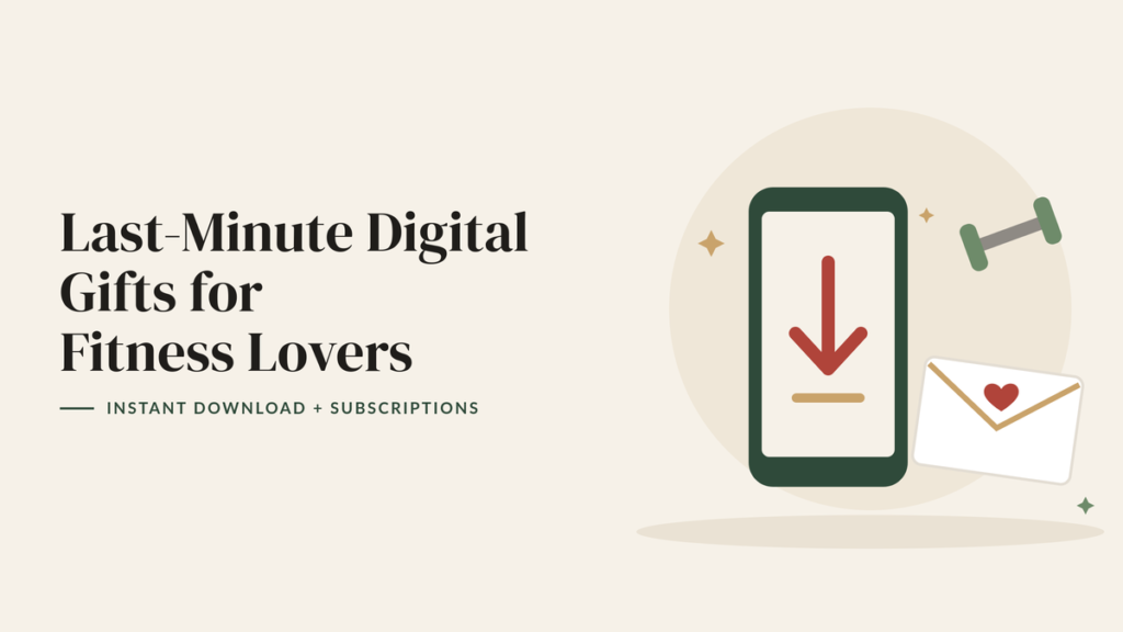 Illustration of a phone with a download arrow, an email envelope and a dumbbell for a digital fitness gift guide