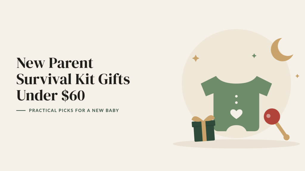 Illustration of a green baby bodysuit with a heart, a rattle, a crescent moon and a gift box for a new baby gift guide