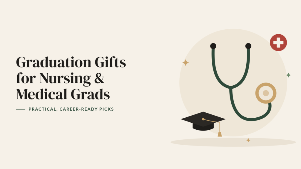 Illustration of a stethoscope, a medical cross badge and a graduation cap for a nursing and medical graduation gift guide