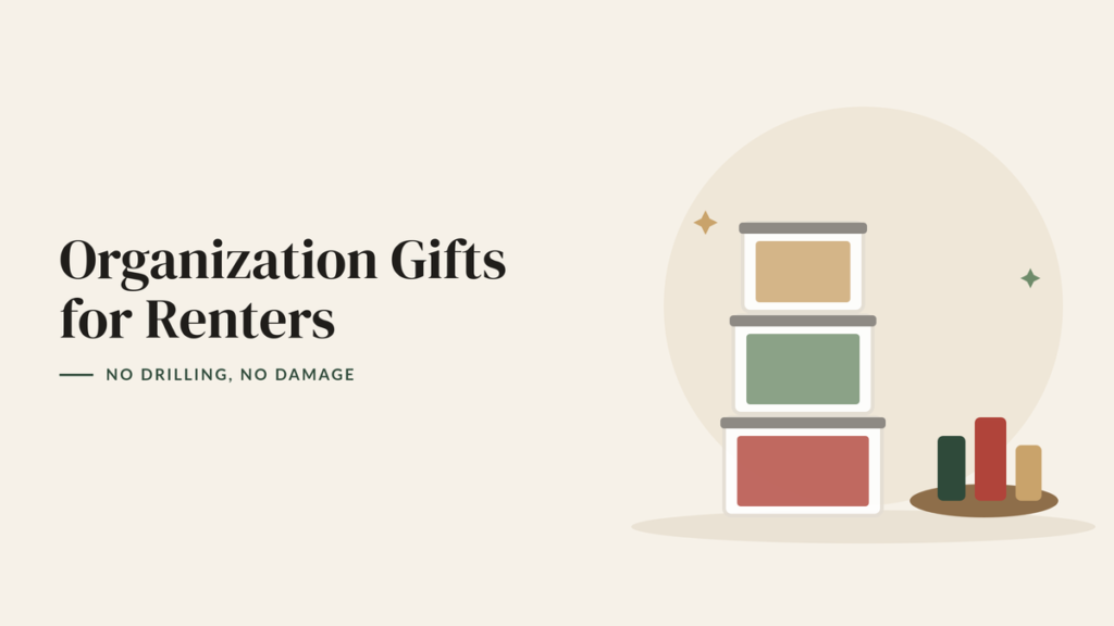 Illustration of stacked clear storage bins and a turntable with jars for a renter home organization gift guide