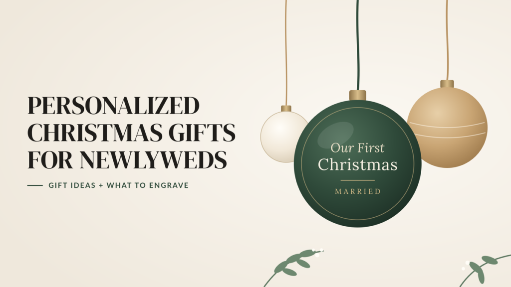 Illustration of two hanging Christmas ornaments, a green one engraved Our First Christmas Married, beside the headline Personalized Christmas Gifts for Newlyweds