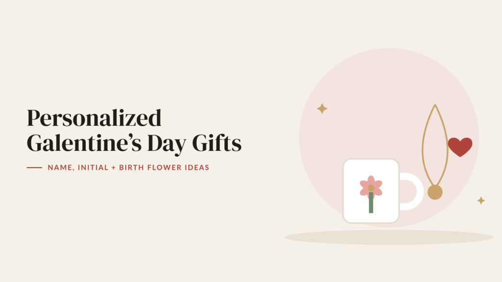 Illustration of a white mug with a pink flower, a gold necklace and a red heart for a personalized Galentine’s gift guide