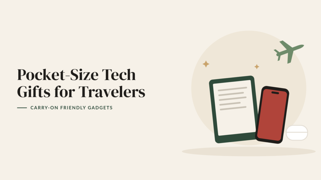 Illustration of an e-reader, a smartphone, an earbuds case and a small airplane for a travel tech gift guide