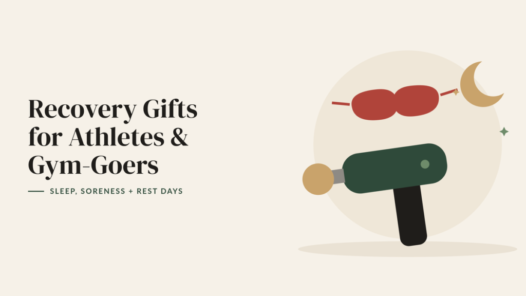 Illustration of a massage gun, a red sleep mask and a crescent moon for a recovery gift guide