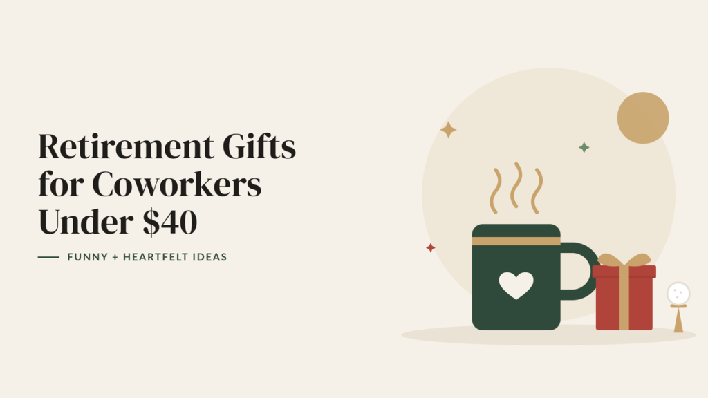Illustration of a coffee mug with a heart, a gift box, a golf ball on a tee and the sun for a retirement gift guide