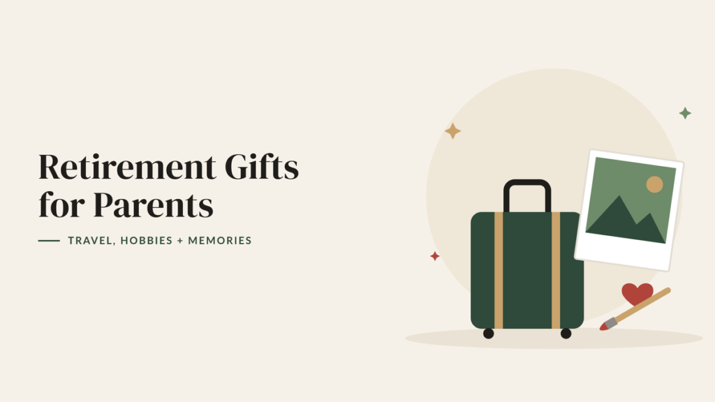 Illustration of a green suitcase, a landscape photo print, a paintbrush and a red heart for a retirement gifts for parents guide