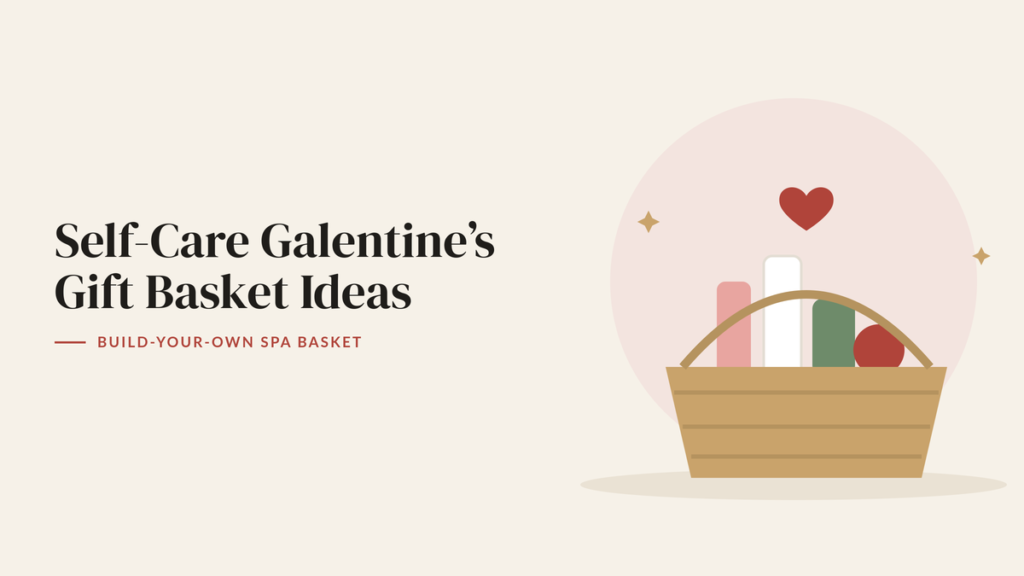 Illustration of a woven basket filled with skincare bottles and a red heart for a Galentine’s self-care basket guide
