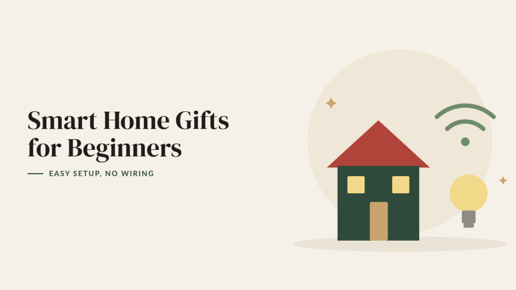 Illustration of a house with lit windows, Wi-Fi waves and a smart light bulb for a smart home gift guide