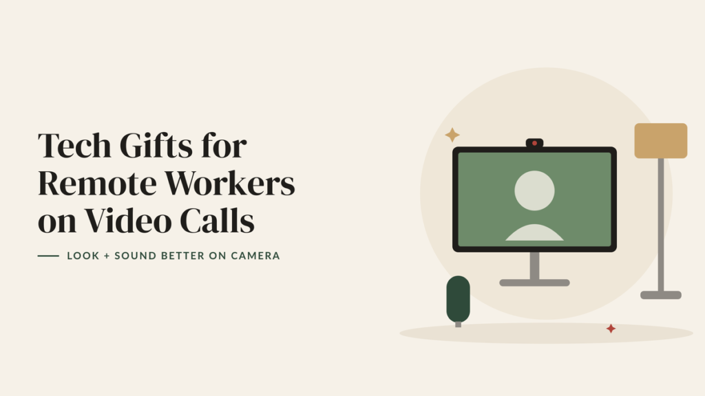 Illustration of a monitor showing a video call, a webcam, a key light and a microphone for a remote work tech gift guide