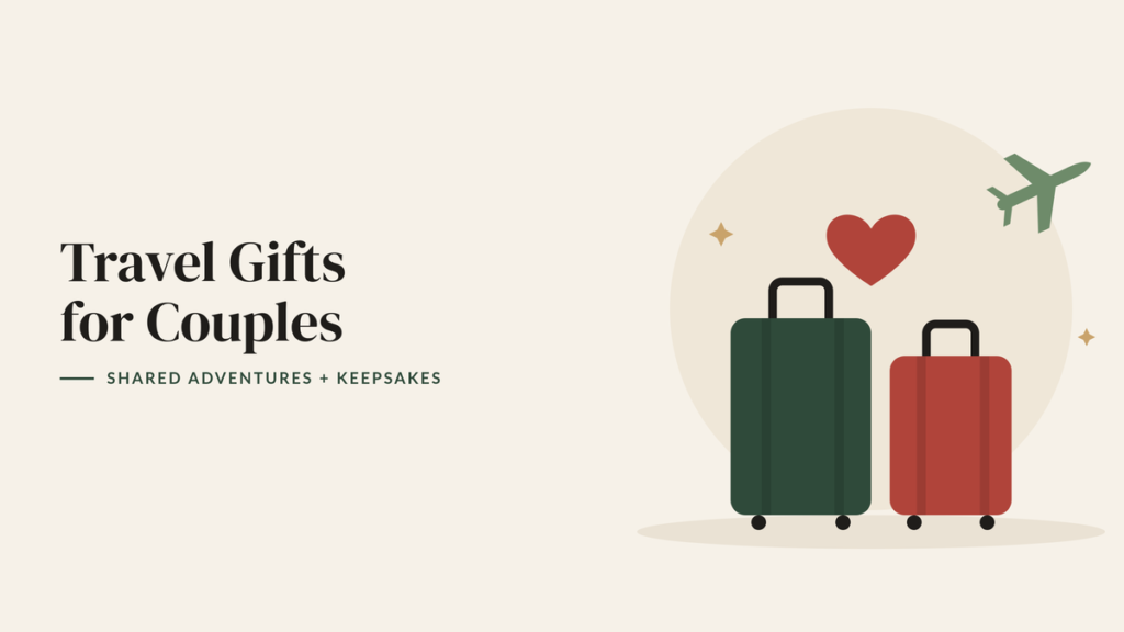 Illustration of two suitcases, a red heart and a small airplane for a travel gifts for couples guide