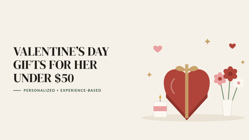 Illustration of a red heart-shaped gift box with a gold ribbon, roses in a vase and a candle, beside the headline Valentine’s Day Gifts for Her Under $50