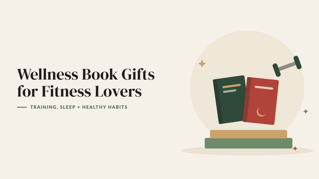 Illustration of stacked books and a dumbbell for a wellness book gift guide for fitness lovers