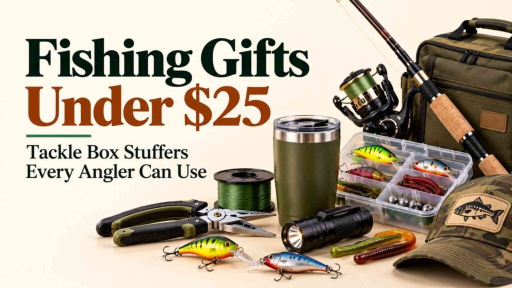 Fishing gifts under $25 featuring a tackle box with colorful lures, fishing pliers, a spinning reel, and useful angler accessories.