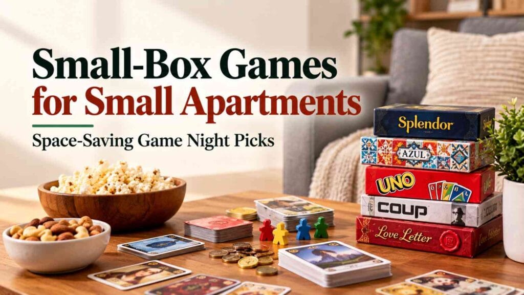 Small-box games for small apartments featuring compact board games, card decks, colorful game pieces, and snacks on a wooden table.