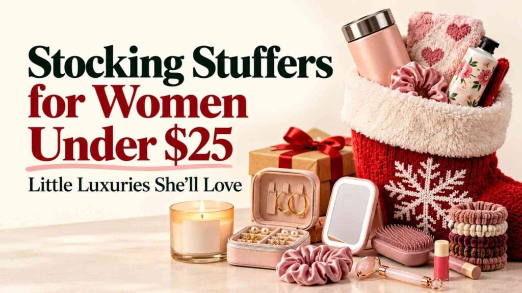 Stocking stuffers for women under $25 featuring a red Christmas stocking, pink tumbler, jewelry case, scented candle, beauty accessories, and scrunchies.