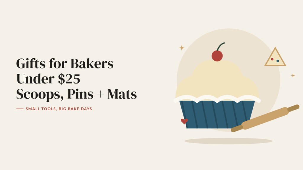 Illustration of a cupcake, a rolling pin and a slice of cake