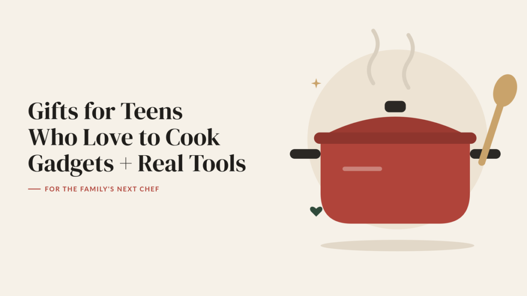 Illustration of a red cooking pot with steam and a wooden spoon